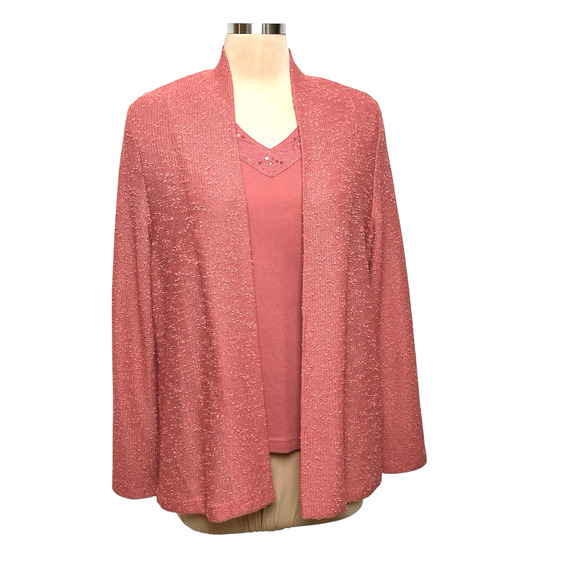 TanJay Cardigan Sweater Top Set Womens Medium Large Beaded Knit Pink Coral Vtg - Picture 6 of 10